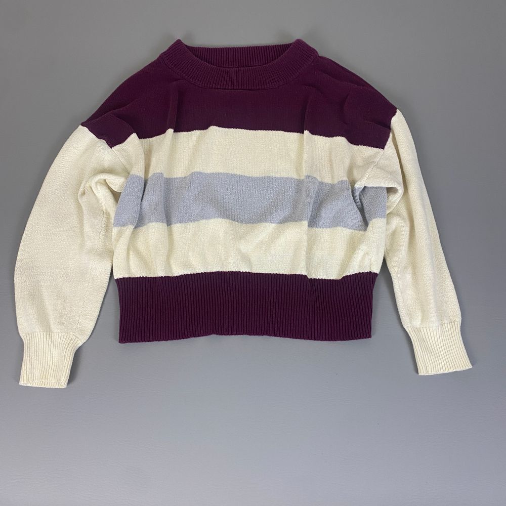 Lucky Brand Color Block Striped Sweater XL Crew Pullover‎ Purple Cream Gray Knit